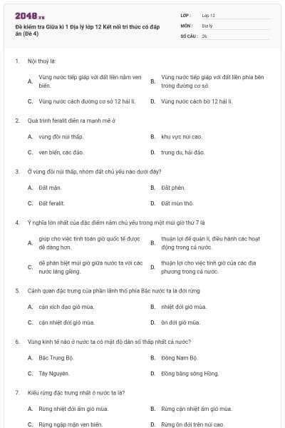 Đề kiểm tra Giữa kì 1 Địa lý lớp 12 Kết nối tri thức có đáp án (Đề 4)