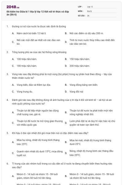 Đề kiểm tra Giữa kì 1 Địa lý lớp 12 Kết nối tri thức có đáp án (Đề 6)