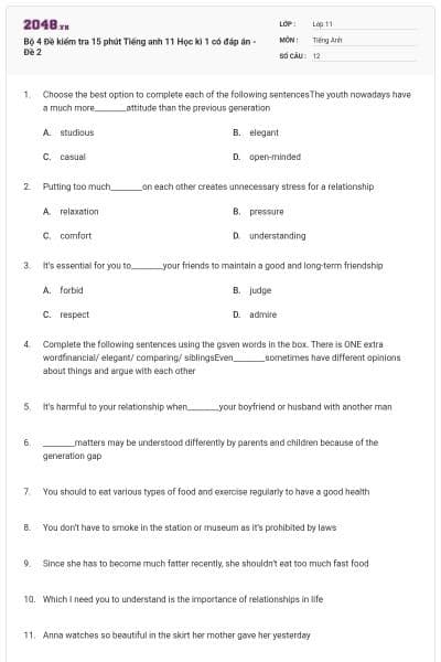 Bộ 4 Đề kiểm tra 15 phút Tiếng anh 11 Học kì 1 có đáp án - Đề 2