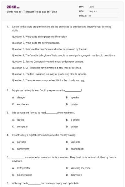 Đề thi học kì 1 Tiếng anh 10 có đáp án - Đề 2