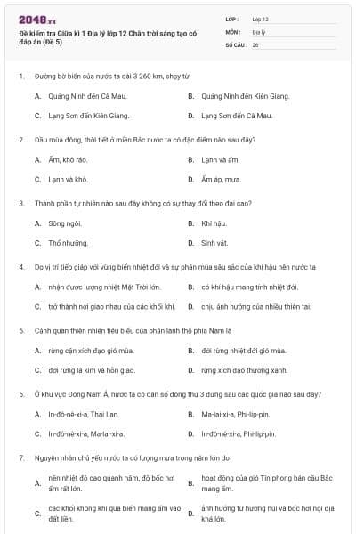 Đề kiểm tra Giữa kì 1 Địa lý lớp 12 Chân trời sáng tạo có đáp án (Đề 5)