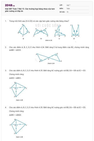 Giải SBT Toán 7 Bài 15. Các trường hợp bằng nhau của tam giác vuông có đáp án