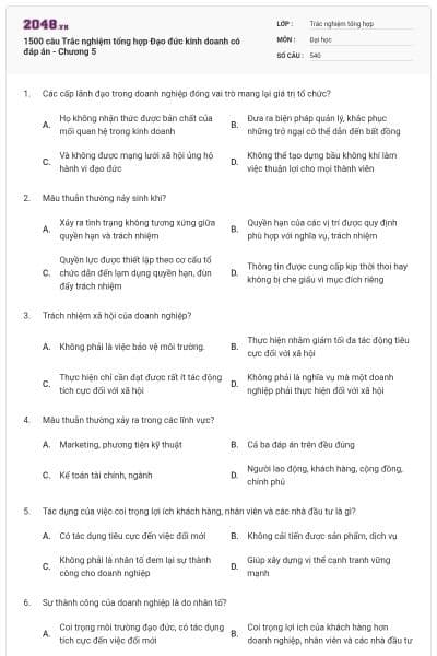 1500 câu Trắc nghiệm tổng hợp Đạo đức kinh doanh có đáp án - Chương 5