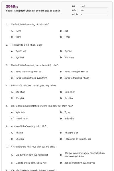 9 câu Trắc nghiệm Chiếu dời đô Cánh diều có đáp án