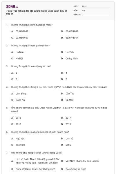 7 câu Trắc nghiệm tác giả Dương Trung Quốc Cánh diều có đáp án