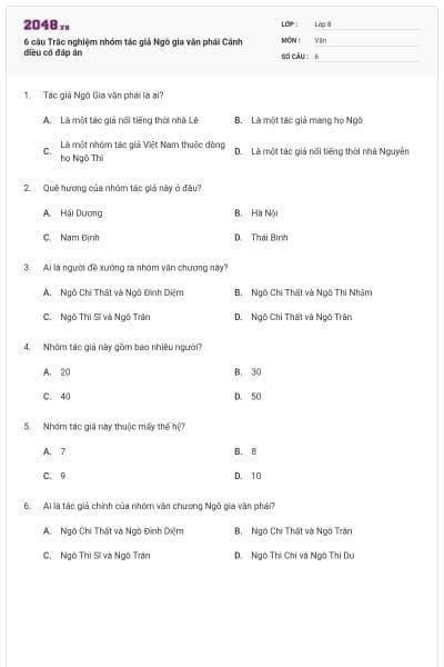 6 câu Trắc nghiệm nhóm tác giả Ngô gia văn phái Cánh diều có đáp án
