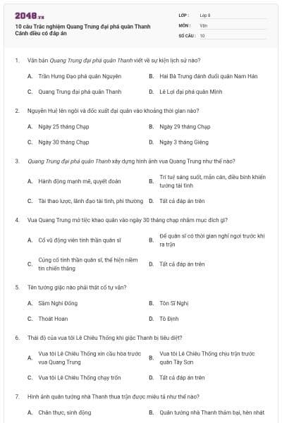10 câu Trắc nghiệm Quang Trung đại phá quân Thanh Cánh diều có đáp án