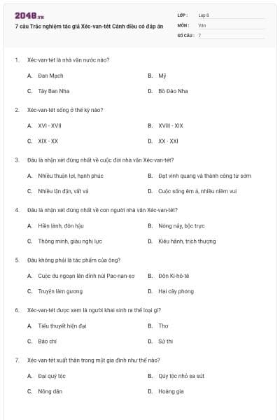 7 câu Trắc nghiệm tác giả Xéc-van-tét Cánh diều có đáp án