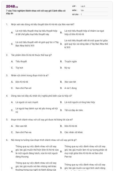 7 câu Trắc nghiệm Đánh nhau với cối xay gió Cánh diều có đáp án