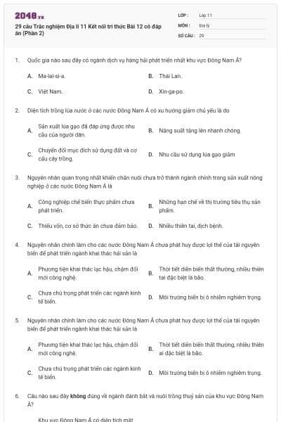 29 câu Trắc nghiệm Địa lí 11 Kết nối tri thức Bài 12 có đáp án (Phần 2)