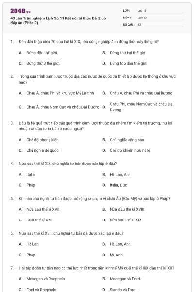 43 câu Trắc nghiệm Lịch Sử 11 Kết nối tri thức Bài 2 có đáp án (Phần 2)
