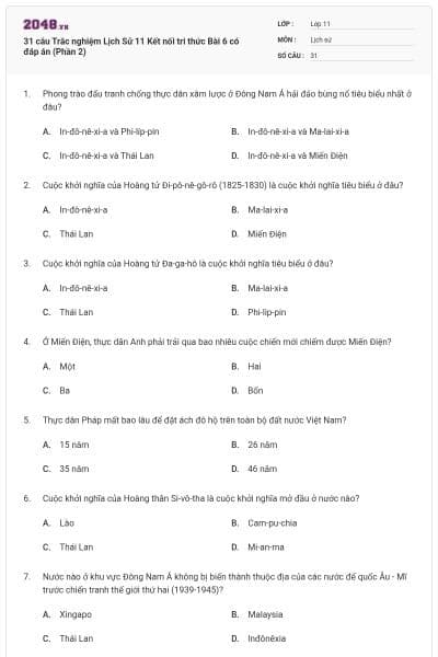 31 câu Trắc nghiệm Lịch Sử 11 Kết nối tri thức Bài 6 có đáp án (Phần 2)