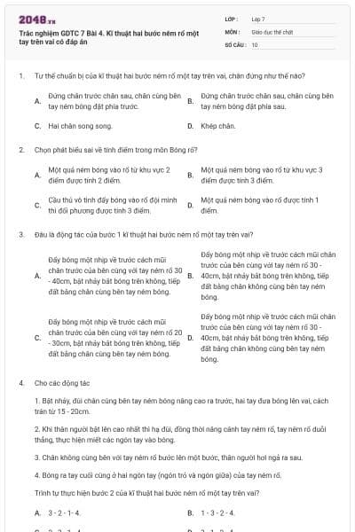 Trắc nghiệm GDTC 7 Bài 4. Kĩ thuật hai bước ném rổ một tay trên vai có đáp án
