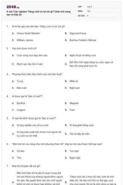 8 câu Trắc nghiệm Tiếng cười có lợi ích gì? Chân trời sáng tạo có đáp án