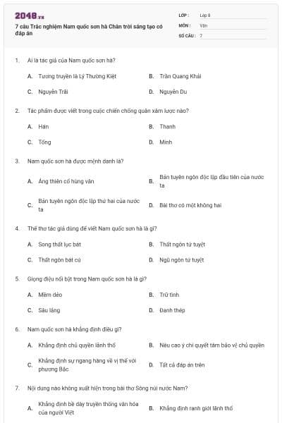 7 câu Trắc nghiệm Nam quốc sơn hà Chân trời sáng tạo có đáp án