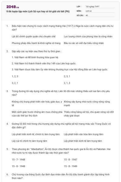 8 Đề luyện tập môn Lịch Sử cực hay có lời giải chi tiết (P6)