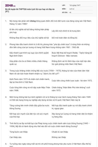 Bộ đề luyện thi THPTQG môn Lịch Sử cực hay có đáp án (P7)