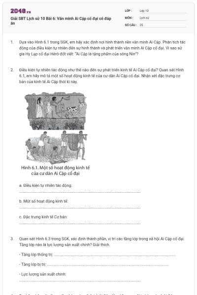 Giải SBT Lịch sử 10 Bài 6: Văn minh Ai Cập cổ đại có đáp án