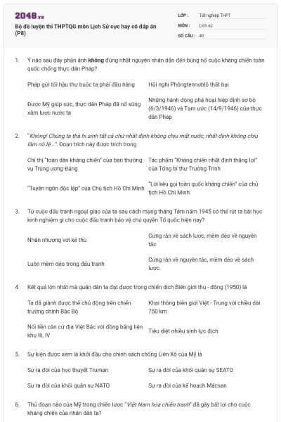 Bộ đề luyện thi THPTQG môn Lịch Sử cực hay có đáp án (P8)