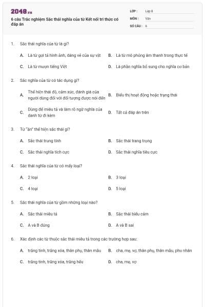 6 câu Trắc nghiệm Sắc thái nghĩa của từ Kết nối tri thức có đáp án