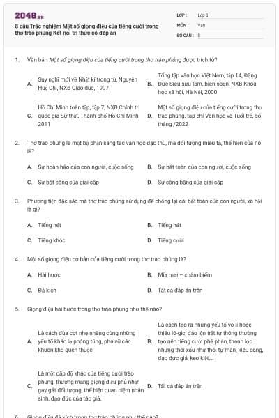 8 câu Trắc nghiệm Một số giọng điệu của tiếng cười trong thơ trào phúng Kết nối tri thức có đáp án