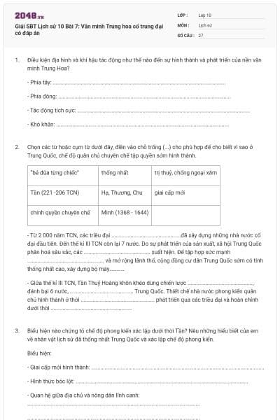 Giải SBT Lịch sử 10 Bài 7: Văn minh Trung hoa cổ trung đại có đáp án