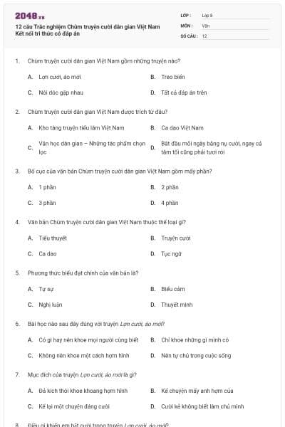 12 câu Trắc nghiệm Chùm truyện cười dân gian Việt Nam Kết nối tri thức có đáp án