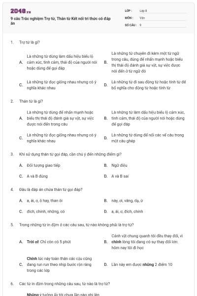 9 câu Trắc nghiệm Trợ từ, Thán từ Kết nối tri thức có đáp án