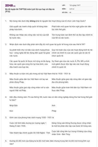 Bộ đề luyện thi THPTQG môn Lịch Sử cực hay có đáp án (P10)