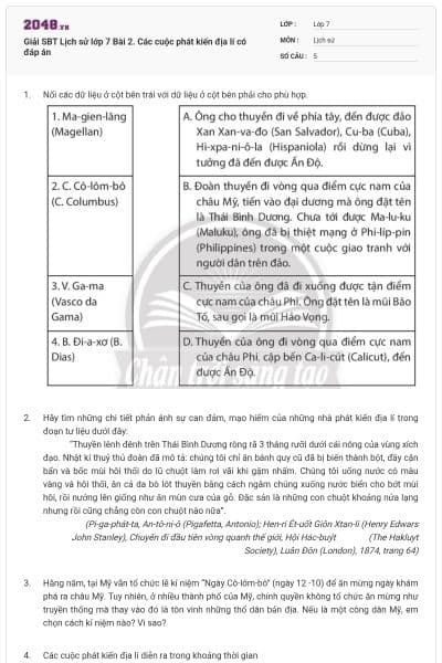 Giải SBT Lịch sử lớp 7 Bài 2. Các cuộc phát kiến địa lí có đáp án