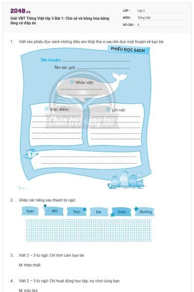Giải VBT Tiếng Việt lớp 3 Bài 1: Chú sẻ và bông hoa bằng lăng có đáp án