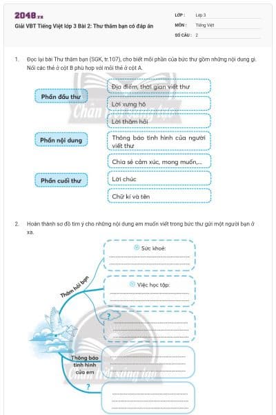 Giải VBT Tiếng Việt lớp 3 Bài 2: Thư thăm bạn có đáp án