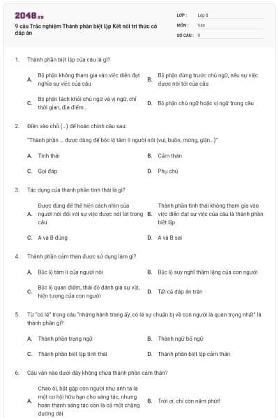 9 câu Trắc nghiệm Thành phần biệt lập Kết nối tri thức có đáp án