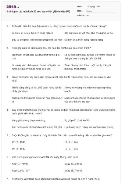 8 Đề luyện tập môn Lịch Sử cực hay có lời giải chi tiết (P7)