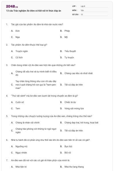 13 câu Trắc nghiệm Xe đêm có Kết nối tri thức đáp án