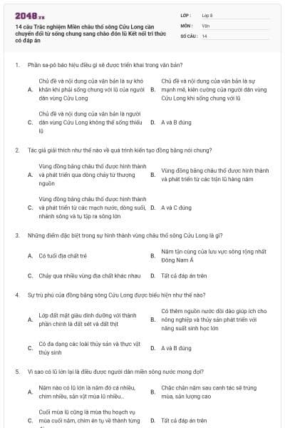 14 câu Trắc nghiệm Miền châu thổ sông Cửu Long cần chuyển đổi từ sống chung sang chào đón lũ Kết nối tri thức có đáp án