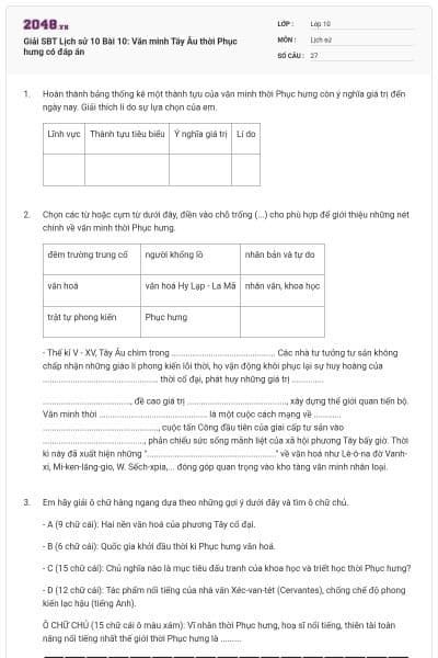 Giải SBT Lịch sử 10 Bài 10: Văn minh Tây Âu thời Phục hưng có đáp án