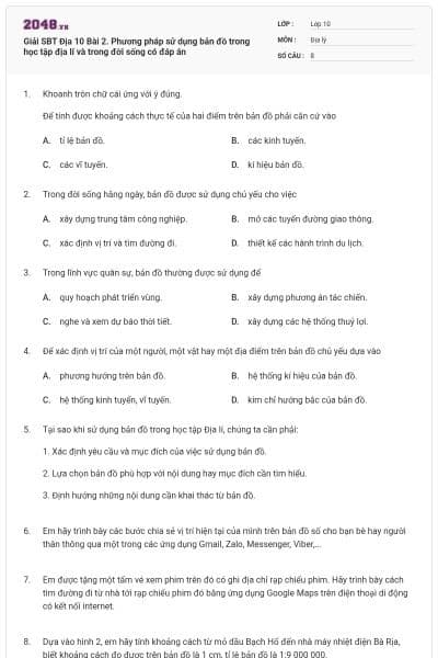 Giải SBT Địa 10 Bài 2. Phương pháp sử dụng bản đồ trong học tập địa lí và trong đời sống có đáp án