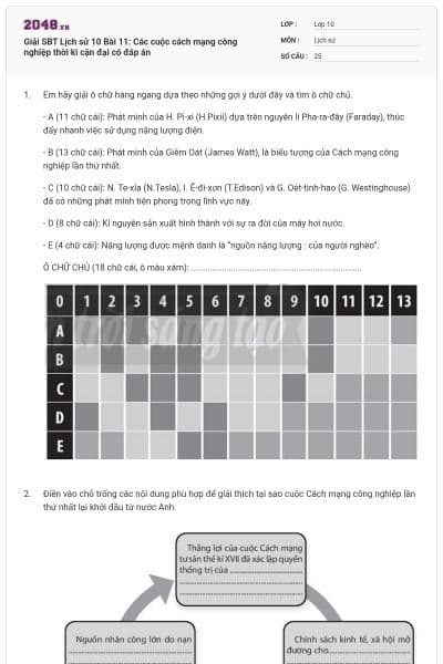 Giải SBT Lịch sử 10 Bài 11: Các cuộc cách mạng công nghiệp thời kì cận đại có đáp án