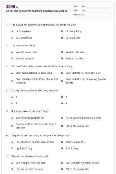 32 câu Trắc nghiệm Văn bản thông tin Cánh diều có đáp án