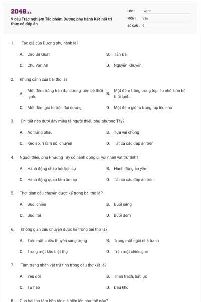 9 câu Trắc nghiệm Tác phẩm Dương phụ hành Kết nối tri thức có đáp án