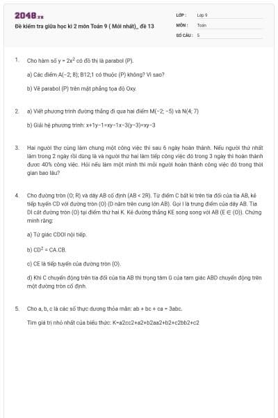 Đề kiểm tra giữa học kì 2 môn Toán 9 ( Mới nhất)_ đề 13