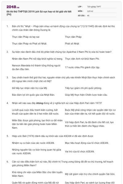 Đề thi thử THPTQG 2019 Lịch Sử cực hay có lời giải chi tiết (P4)