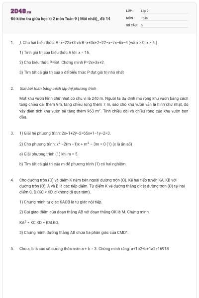 Đề kiểm tra giữa học kì 2 môn Toán 9 ( Mới nhất)_ đề 14