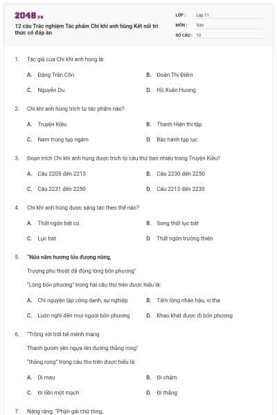 12 câu Trắc nghiệm Tác phẩm Chí khí anh hùng Kết nối tri thức có đáp án