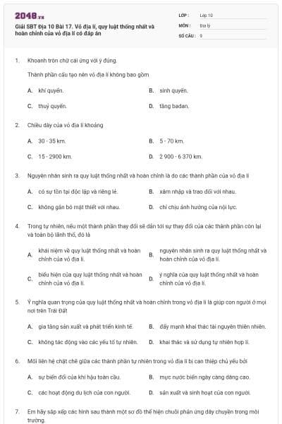 Giải SBT Địa 10 Bài 17. Vỏ địa lí, quy luật thống nhất và hoàn chỉnh của vỏ địa lí có đáp án