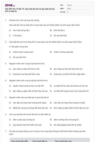Giải SBT Địa 10 Bài 18. Quy luật địa đới và quy luật phi địa đới có đáp án