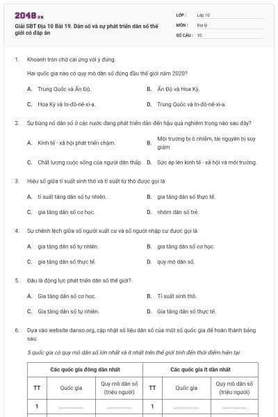 Giải SBT Địa 10 Bài 19. Dân số và sự phát triển dân số thế giới có đáp án