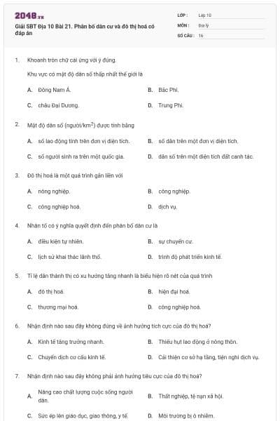 Giải SBT Địa 10 Bài 21. Phân bố dân cư và đô thị hoá có đáp án