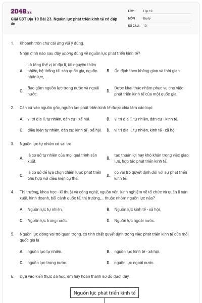 Giải SBT Địa 10 Bài 23. Nguồn lực phát triển kinh tế có đáp án